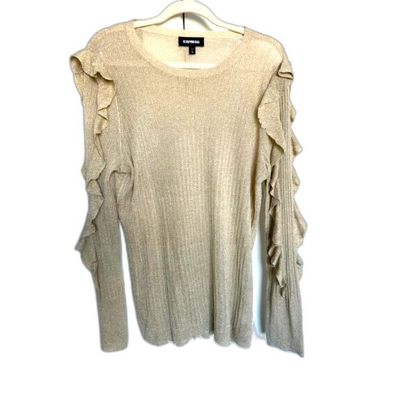 EXPRESS Gold-Tone Ruffle-Sleeve Lightweight Semi-Sheer Sweater Woman's Size XL - Picture 1 of 5